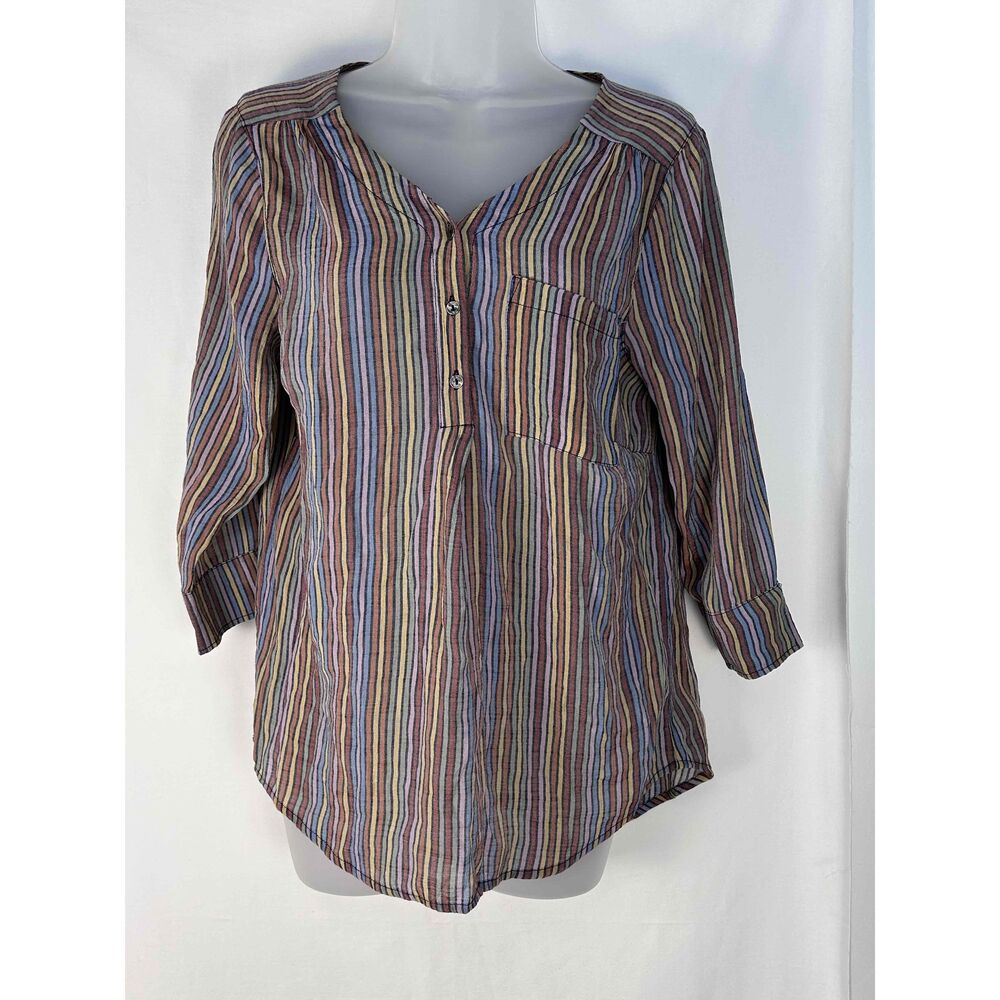 Christopher & Banks Womens Multicolor Long‎ Sleeve Striped Polo Blouse Small